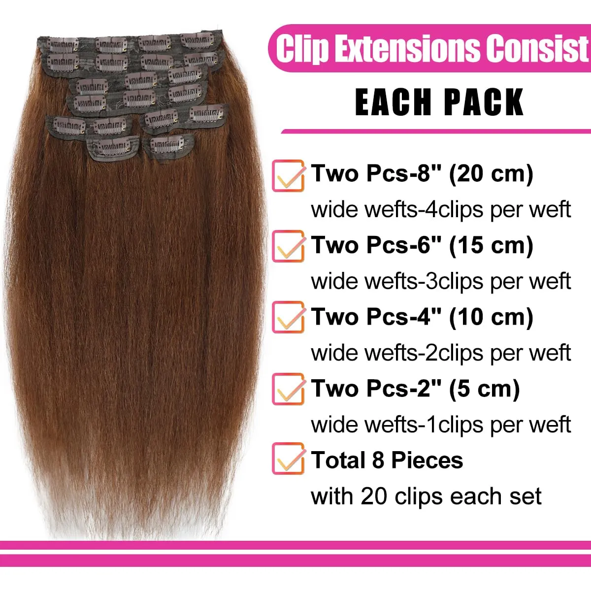 Brown Kinky Straight Clip ins 12 Inch Kinky Straight Clip in Hair Extensions Real Human Hair Brazilian Remy Human Hair Extensions for Women 8Pcs 100g Per Set with 20 Clips Double Weft Natural Black