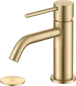 Brushed Gold Bathroom Faucet, Single Handle Brass Sink Faucet Bathroom Single Hole with Pop Up Sink Drain Assembly and Water Faucet Supply Lines