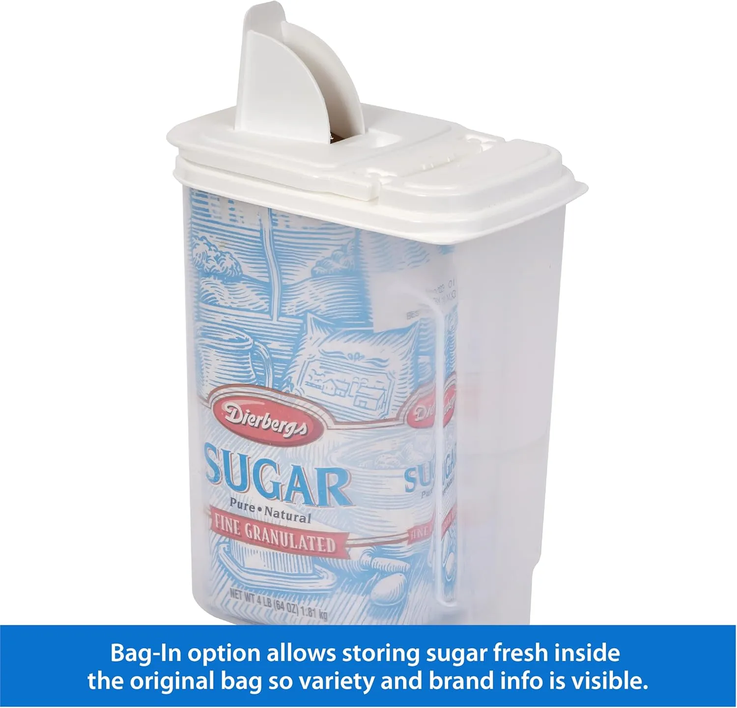 Buddeez Large Food Storage Container - 3.75 Quart Sugar Buddy, All Purpose Clear Kitchen Organization and Storage - Sugar, Flour, Cereal, Rice Dispenser, EZ Pour Spout & Easy Grip Handle (White Lid)