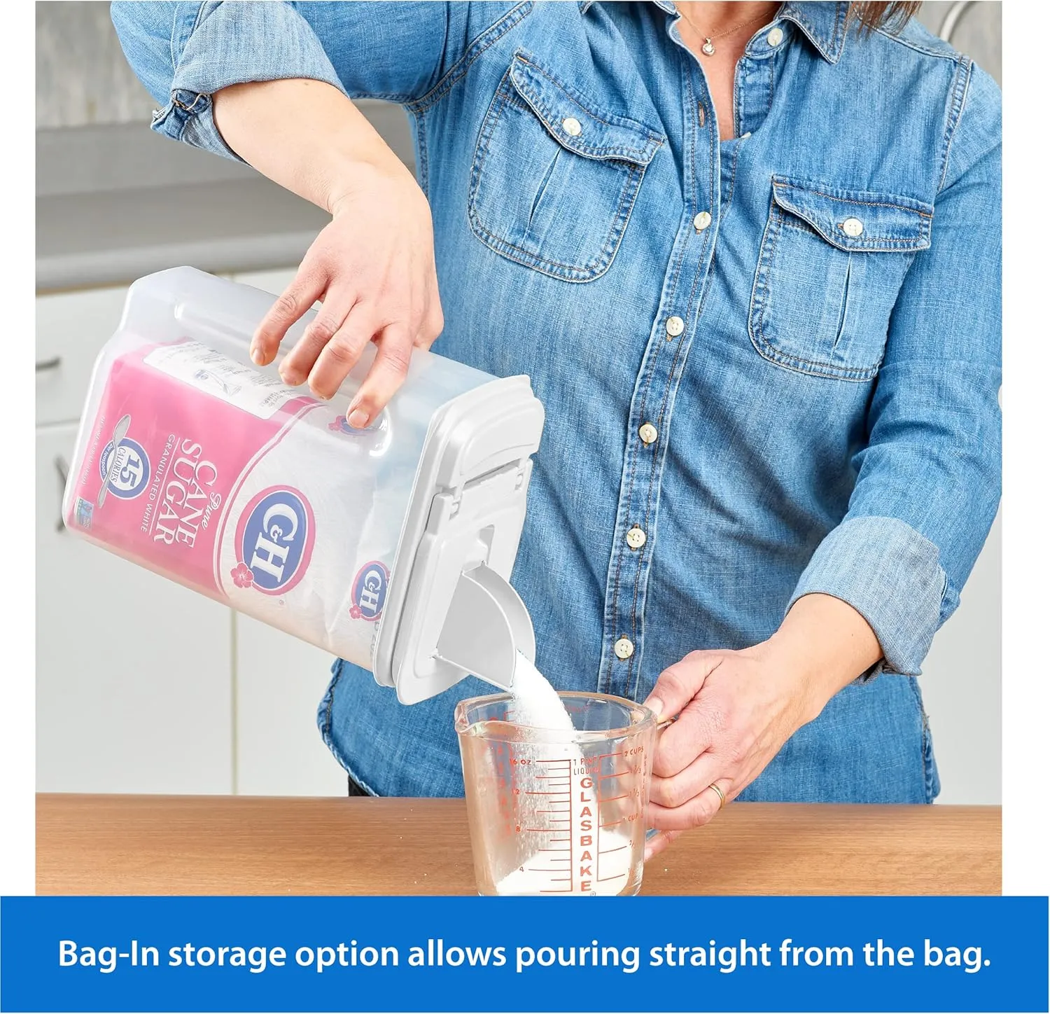 Buddeez Large Food Storage Container - 3.75 Quart Sugar Buddy, All Purpose Clear Kitchen Organization and Storage - Sugar, Flour, Cereal, Rice Dispenser, EZ Pour Spout & Easy Grip Handle (White Lid)