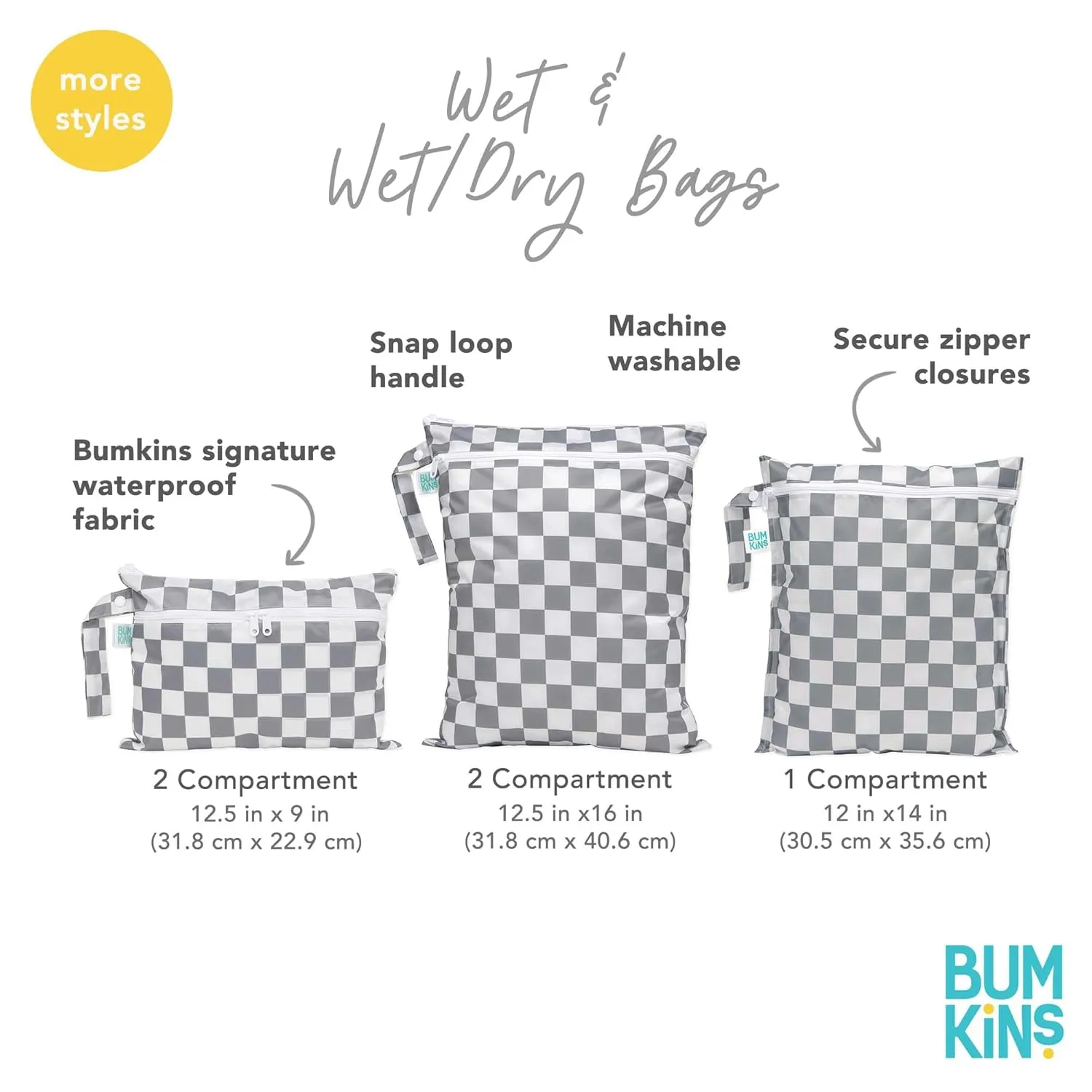 Bumkins Waterproof Wet Bag for Baby, Travel, Swim Suit, Cloth Diapers, Pump Parts, Pool, Beach, Gym Clothes, Toiletry, Hook to Stroller, Daycare, Zipper Reusable Wetdry Packing Pouch, Gray Arrows