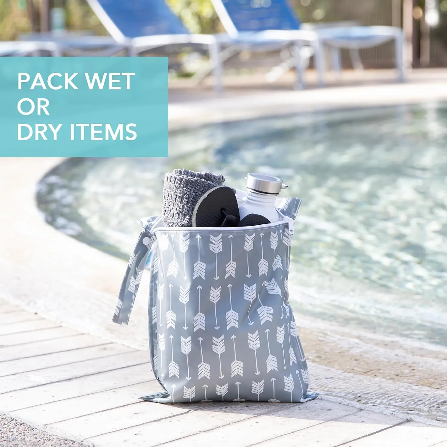 Bumkins Waterproof Wet Bag for Baby, Travel, Swim Suit, Cloth Diapers, Pump Parts, Pool, Beach, Gym Clothes, Toiletry, Hook to Stroller, Daycare, Zipper Reusable Wetdry Packing Pouch, Gray Arrows