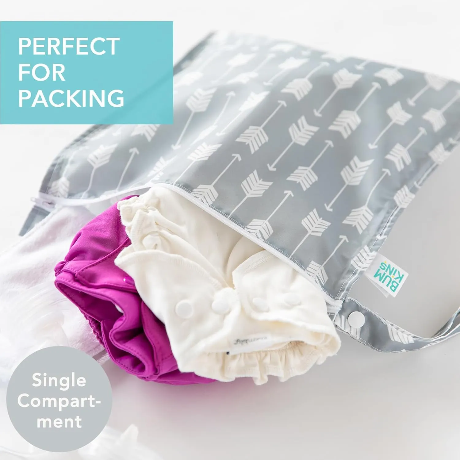 Bumkins Waterproof Wet Bag for Baby, Travel, Swim Suit, Cloth Diapers, Pump Parts, Pool, Beach, Gym Clothes, Toiletry, Hook to Stroller, Daycare, Zipper Reusable Wetdry Packing Pouch, Gray Arrows