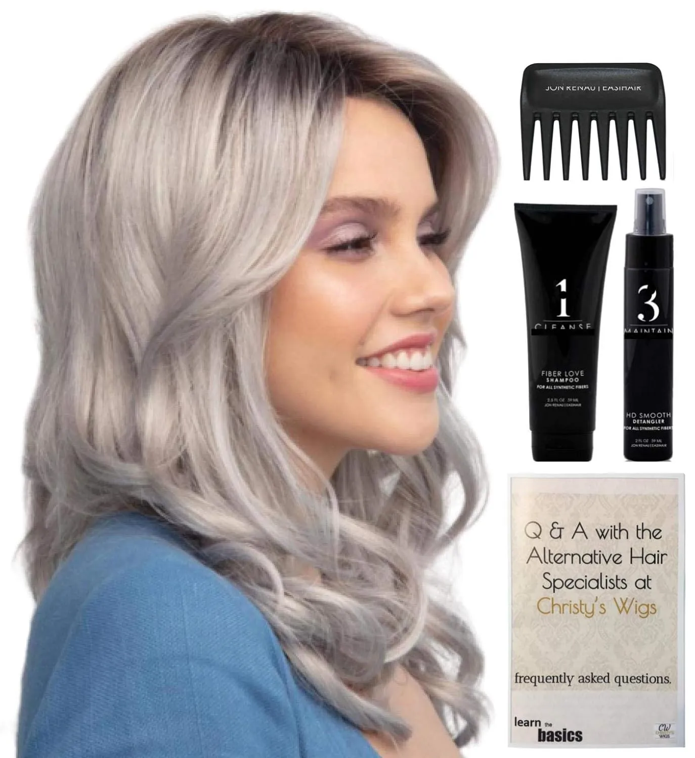 Bundle - 5 items: Ensley Wig by Rene Paris, Christy's Wigs Q & A Booklet, 2oz Travel Size Wig Shampoo, HD Smooth and Wide Tooth Comb - Color: Silver Frost
