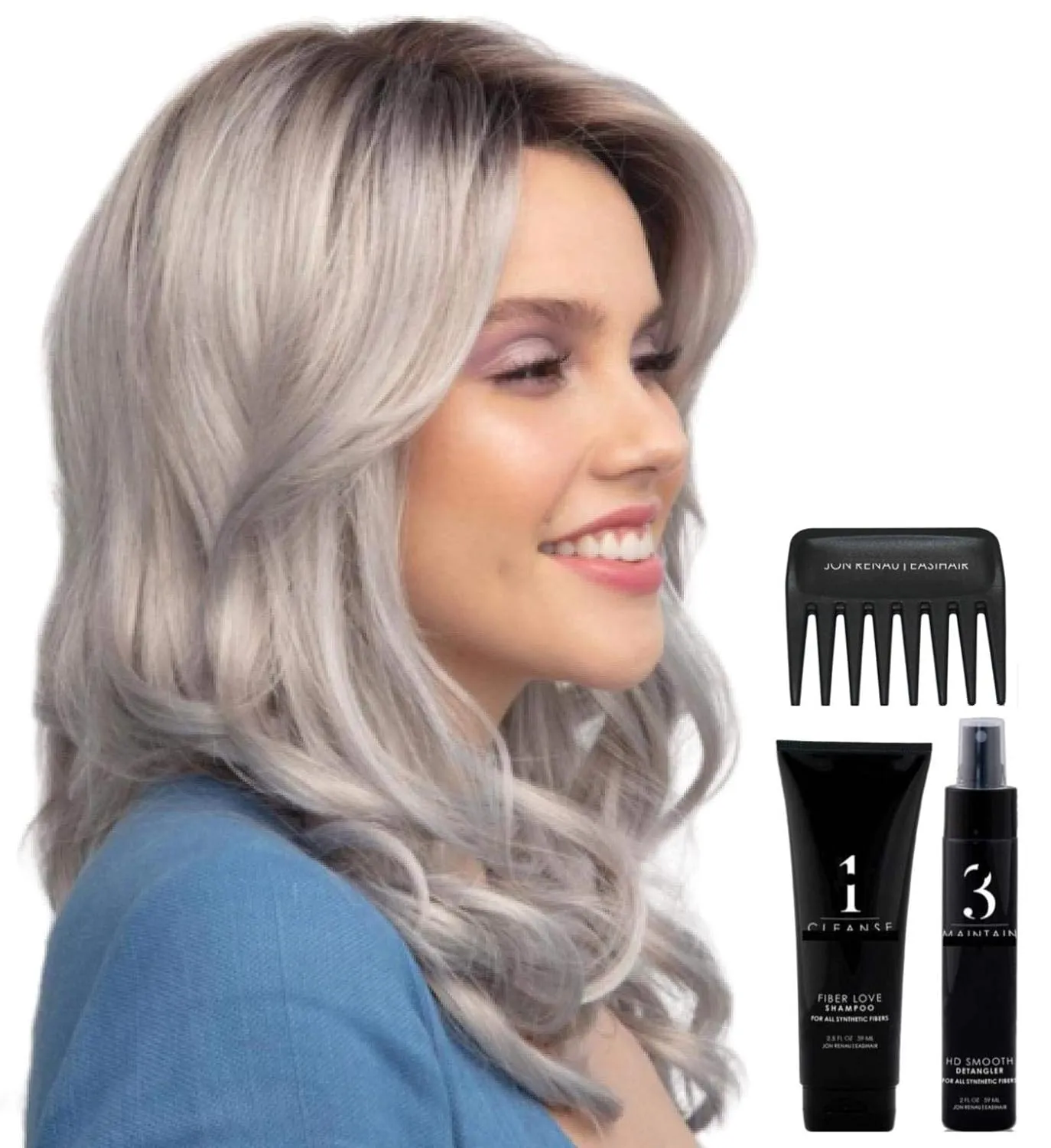 Bundle - 5 items: Ensley Wig by Rene Paris, Christy's Wigs Q & A Booklet, 2oz Travel Size Wig Shampoo, HD Smooth and Wide Tooth Comb - Color: Silver Frost