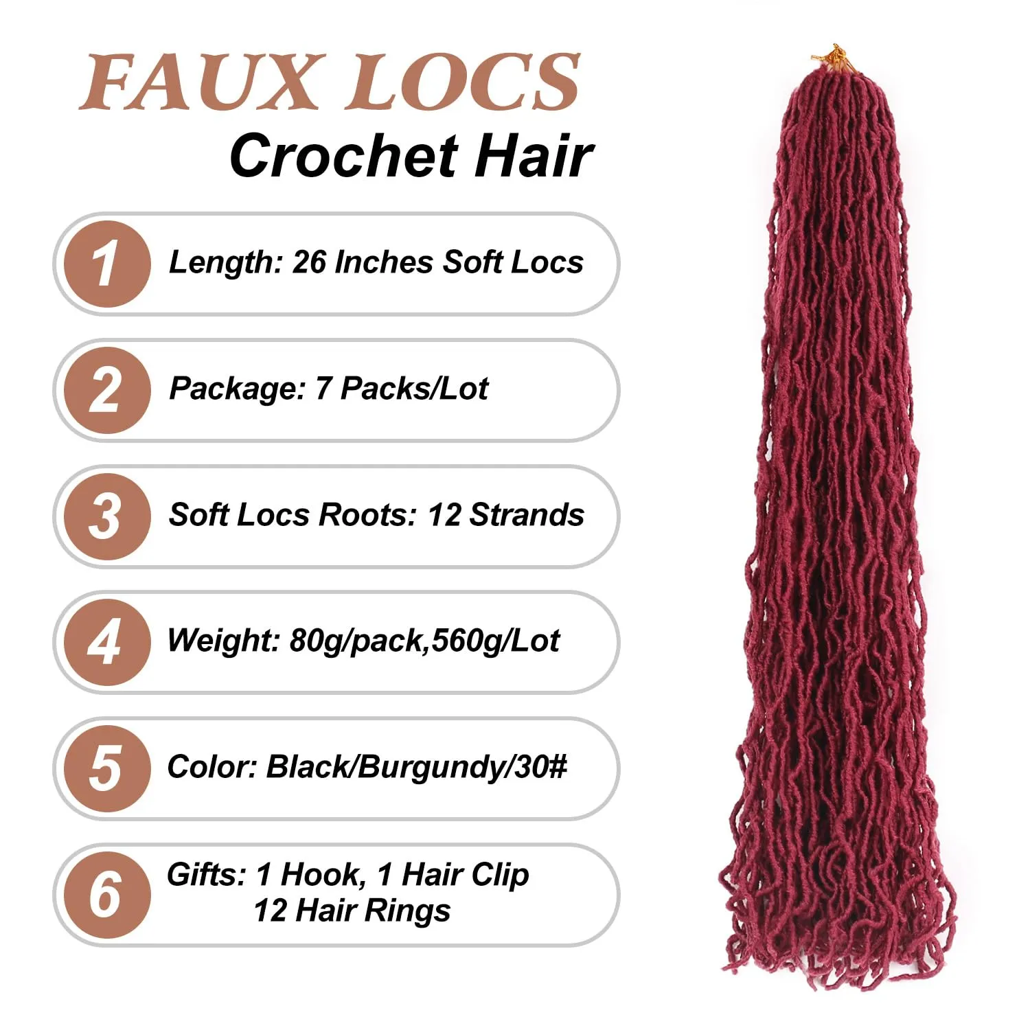 Burgundy Soft Locs 26 Inch Faux Locs Crochet Hair Pre Looped Distressed New Locs 7 Packs Soft Locs Crochet Hair Long Goddess Locs Hair Red Crochet Braids Hair Extensions for Black Women