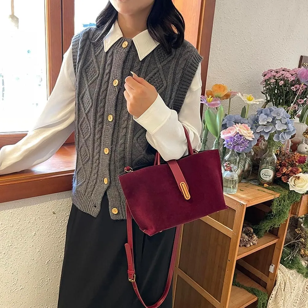 Burgundy Suede Tote Bags for Women - Fall Purse 2024 Brown Handbag Work Top-handle Bag