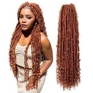 Butterfly Locs with Curly End 30 Inch, 6 Packs Boho Distressed Locs Crochet Hair, Bohemian Goddess Faux Butterfly Braids with Wavy Ends (350#, Ginger Red)