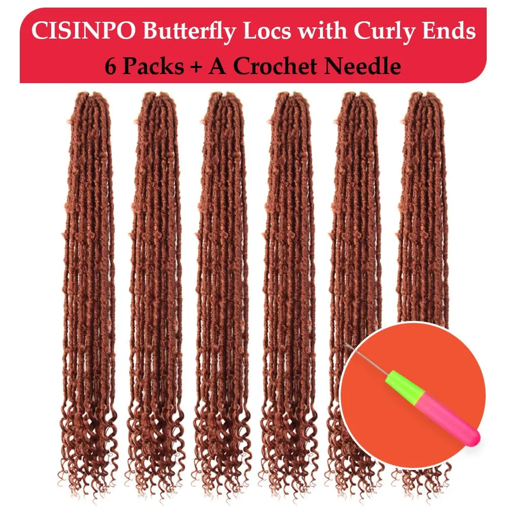 Butterfly Locs with Curly End 30 Inch, 6 Packs Boho Distressed Locs Crochet Hair, Bohemian Goddess Faux Butterfly Braids with Wavy Ends (350#, Ginger Red)