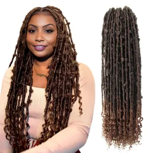 Butterfly Locs with Curly End 30 Inch, 6 Packs Boho Distressed Locs Crochet Hair, Bohemian Goddess Faux Butterfly Braids with Wavy Ends (T30, Ombre Medium Dark Brown)