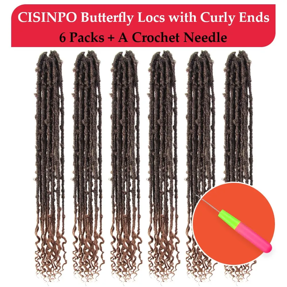 Butterfly Locs with Curly End 30 Inch, 6 Packs Boho Distressed Locs Crochet Hair, Bohemian Goddess Faux Butterfly Braids with Wavy Ends (T30, Ombre Medium Dark Brown)