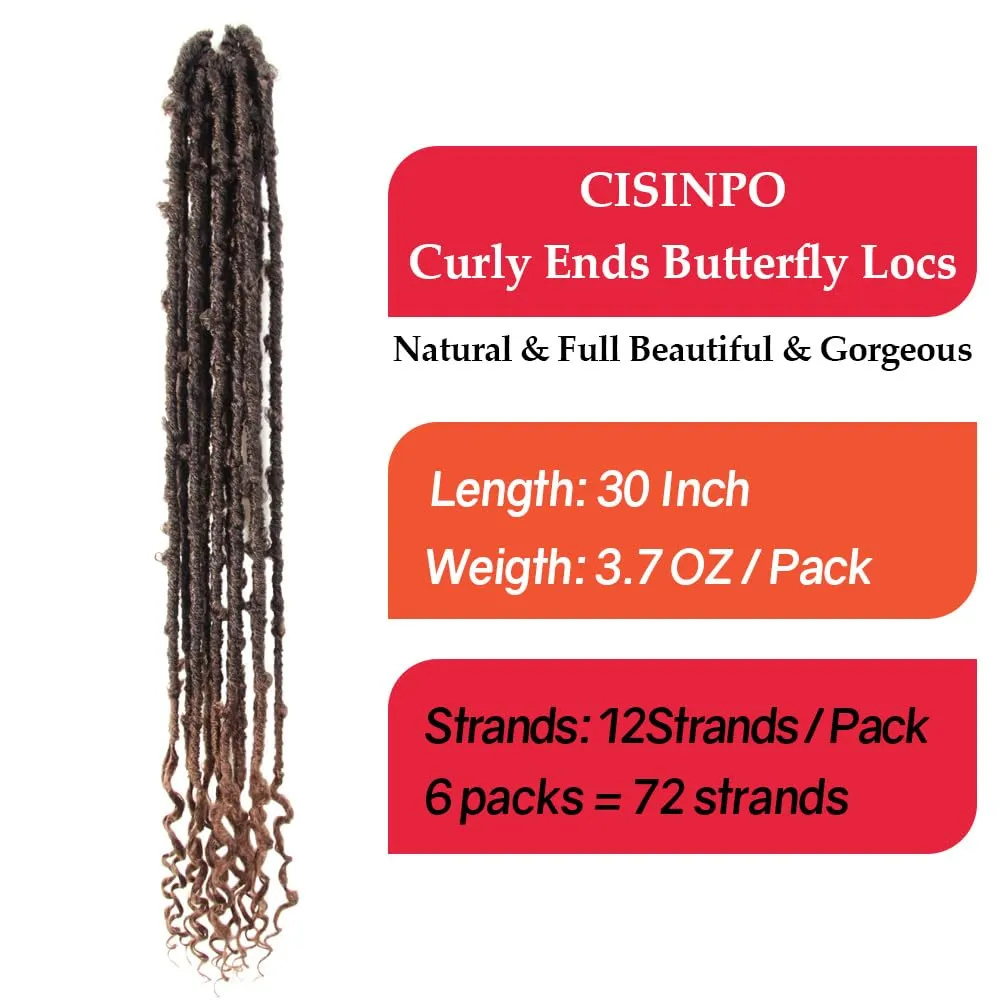Butterfly Locs with Curly End 30 Inch, 6 Packs Boho Distressed Locs Crochet Hair, Bohemian Goddess Faux Butterfly Braids with Wavy Ends (T30, Ombre Medium Dark Brown)