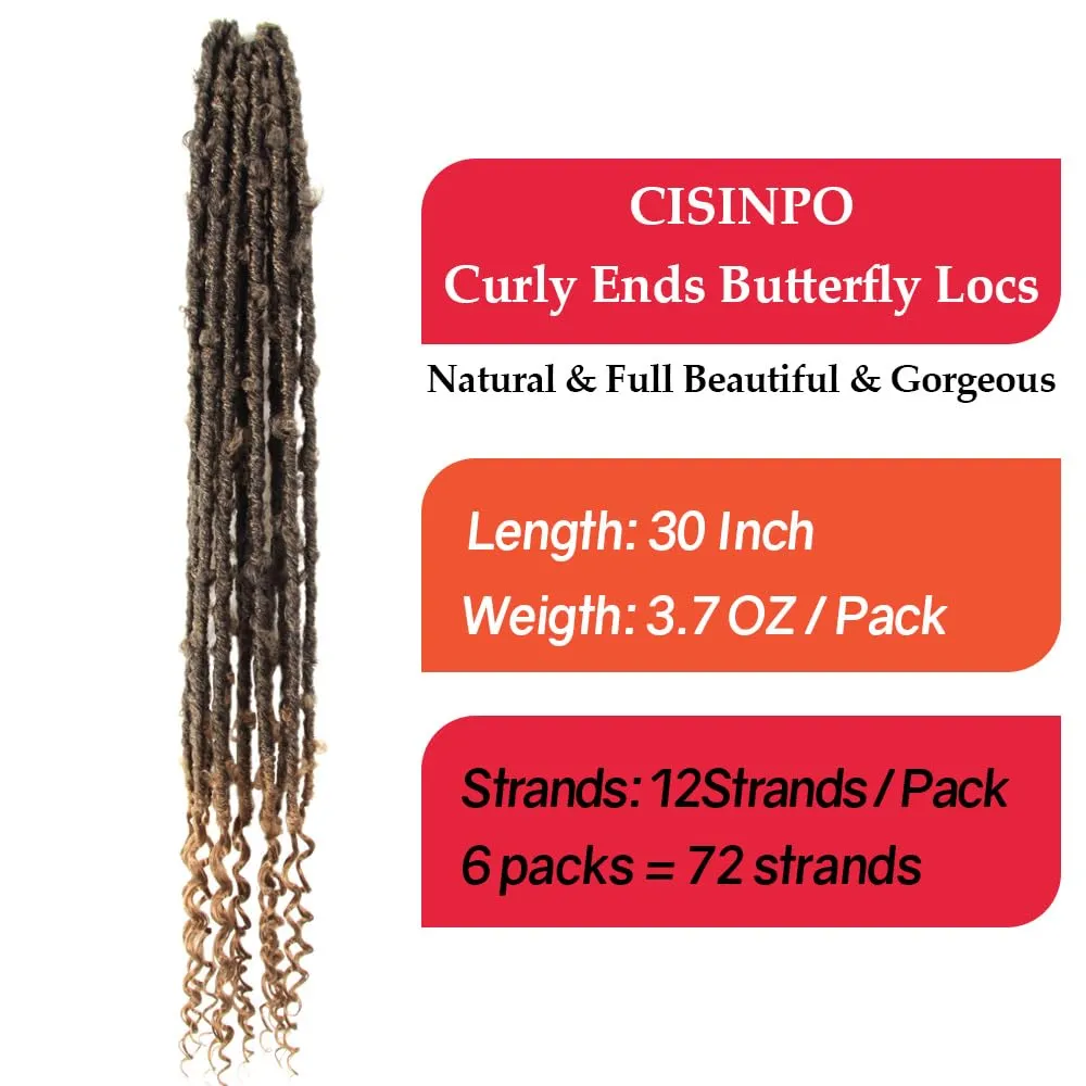 Butterfly Locs with Curly End 30 Inch, 6 Packs Boho Distressed Locs Crochet Hair, Bohemian Goddess Faux Butterfly Braids with Wavy Ends(T27, Ombre Honey Blonde)