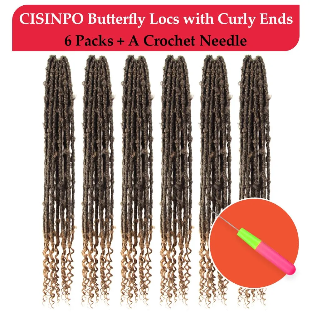 Butterfly Locs with Curly End 30 Inch, 6 Packs Boho Distressed Locs Crochet Hair, Bohemian Goddess Faux Butterfly Braids with Wavy Ends(T27, Ombre Honey Blonde)