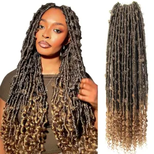 Butterfly Locs with Curly End 30 Inch, 6 Packs Boho Distressed Locs Crochet Hair, Bohemian Goddess Faux Butterfly Braids with Wavy Ends(T27, Ombre Honey Blonde)