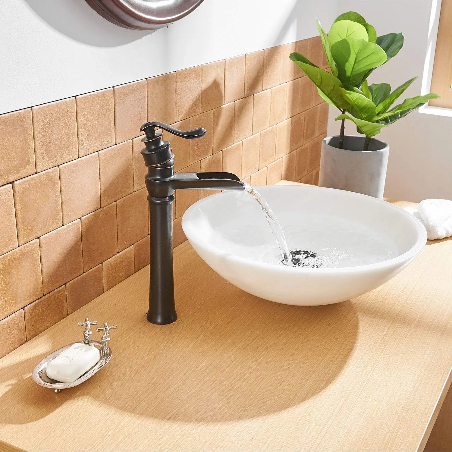 BWE Bathroom Sink Faucet Waterfall Vessel Sink Faucet Singe Hole Oil Rubbed Bronze Black Country Farmhouse Handle Supply Line Lavatory Tall Rv Rustic Bath Basin Vanity