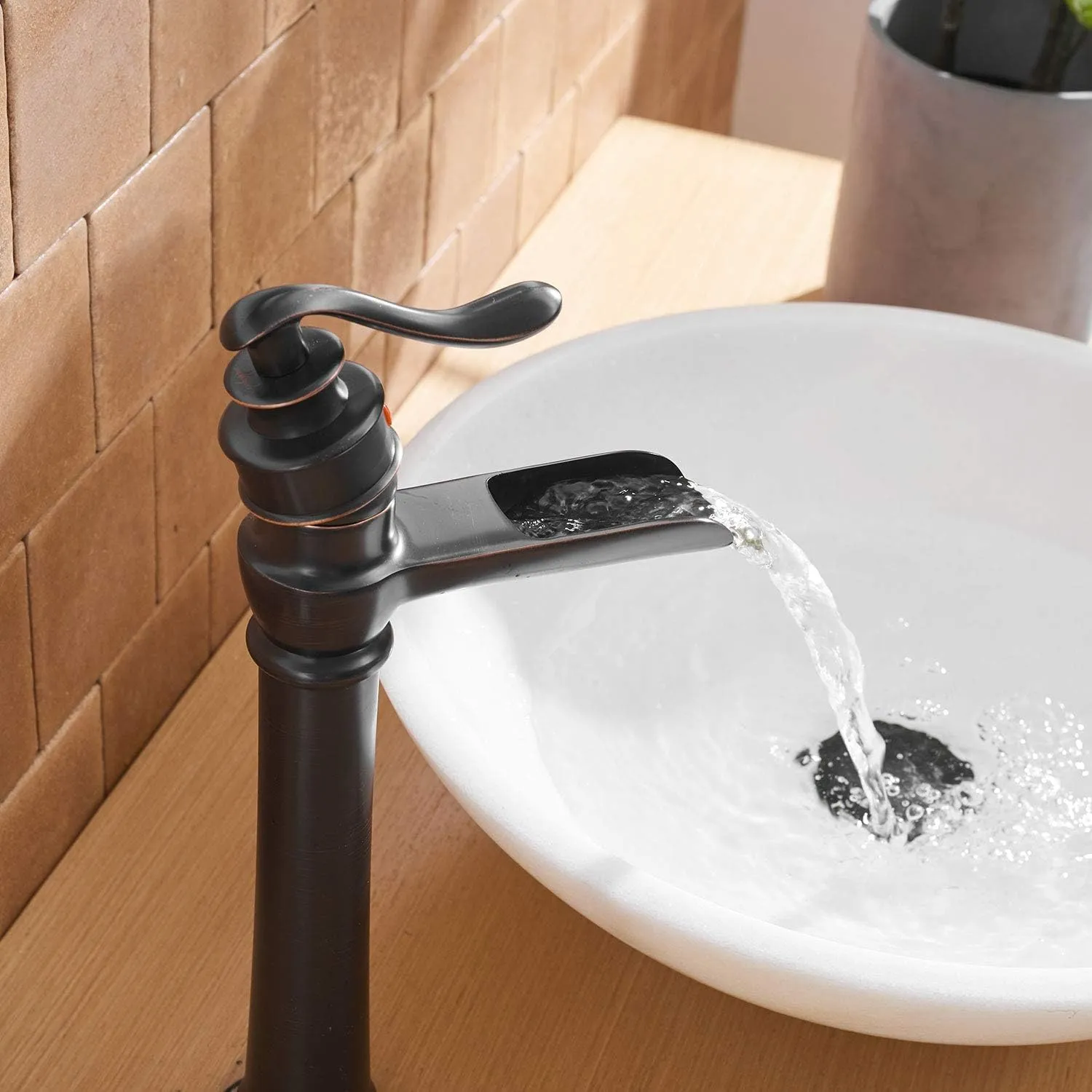BWE Bathroom Sink Faucet Waterfall Vessel Sink Faucet Singe Hole Oil Rubbed Bronze Black Country Farmhouse Handle Supply Line Lavatory Tall Rv Rustic Bath Basin Vanity