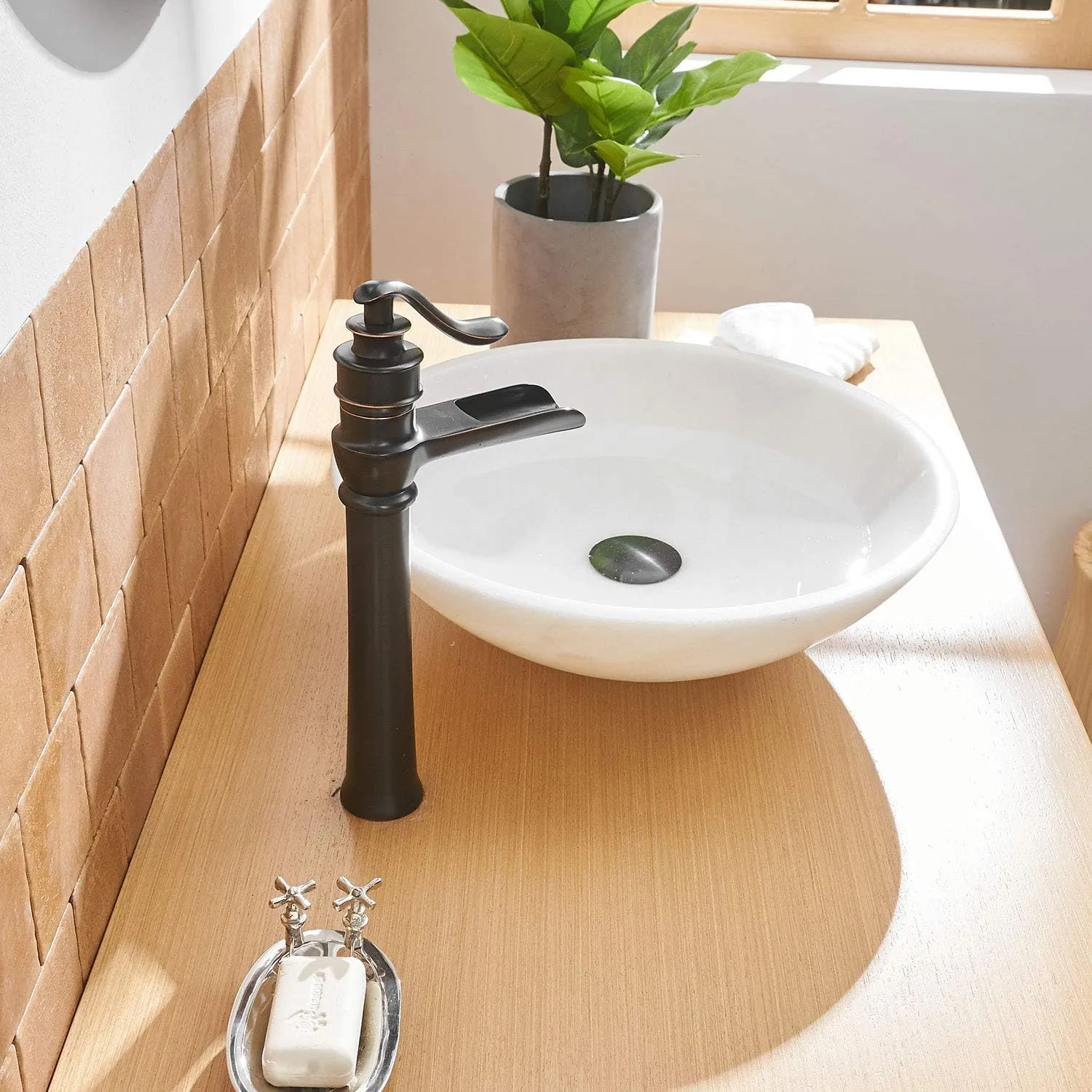 BWE Bathroom Sink Faucet Waterfall Vessel Sink Faucet Singe Hole Oil Rubbed Bronze Black Country Farmhouse Handle Supply Line Lavatory Tall Rv Rustic Bath Basin Vanity