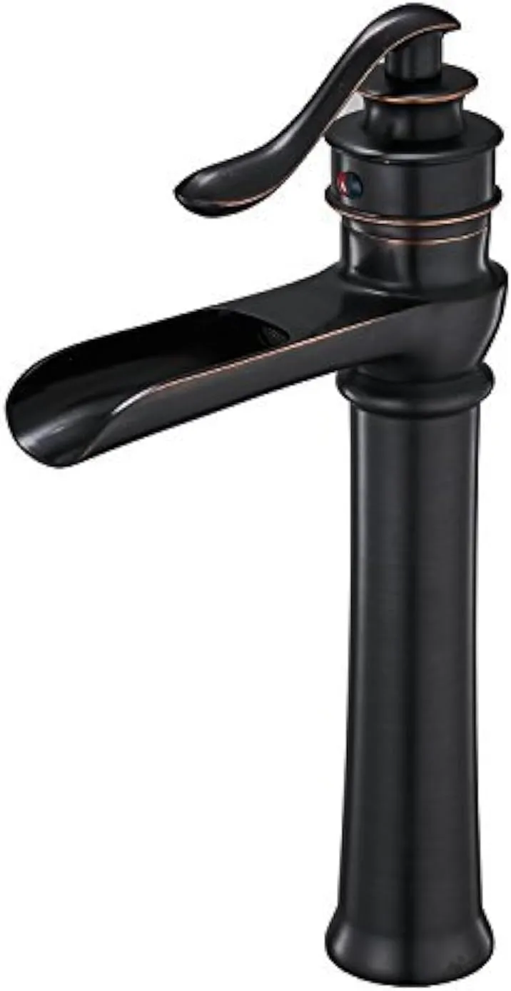 BWE Bathroom Sink Faucet Waterfall Vessel Sink Faucet Singe Hole Oil Rubbed Bronze Black Country Farmhouse Handle Supply Line Lavatory Tall Rv Rustic Bath Basin Vanity
