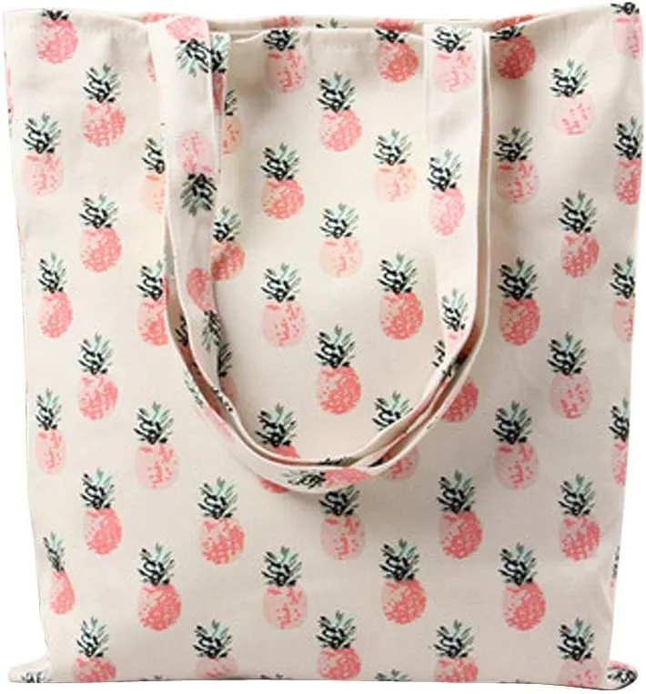Caixia Women's Tropical Pineapple Patern Canvas Tote Shopping Bag Beige, Zip Closure, Medium