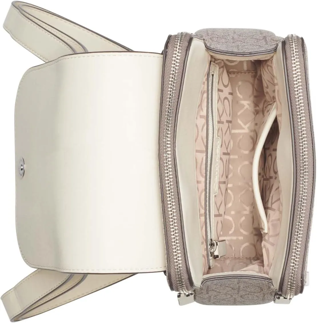 Calvin Klein Reyna Signature Key Item Flap Backpack, Almond/Taupe/White, One Size