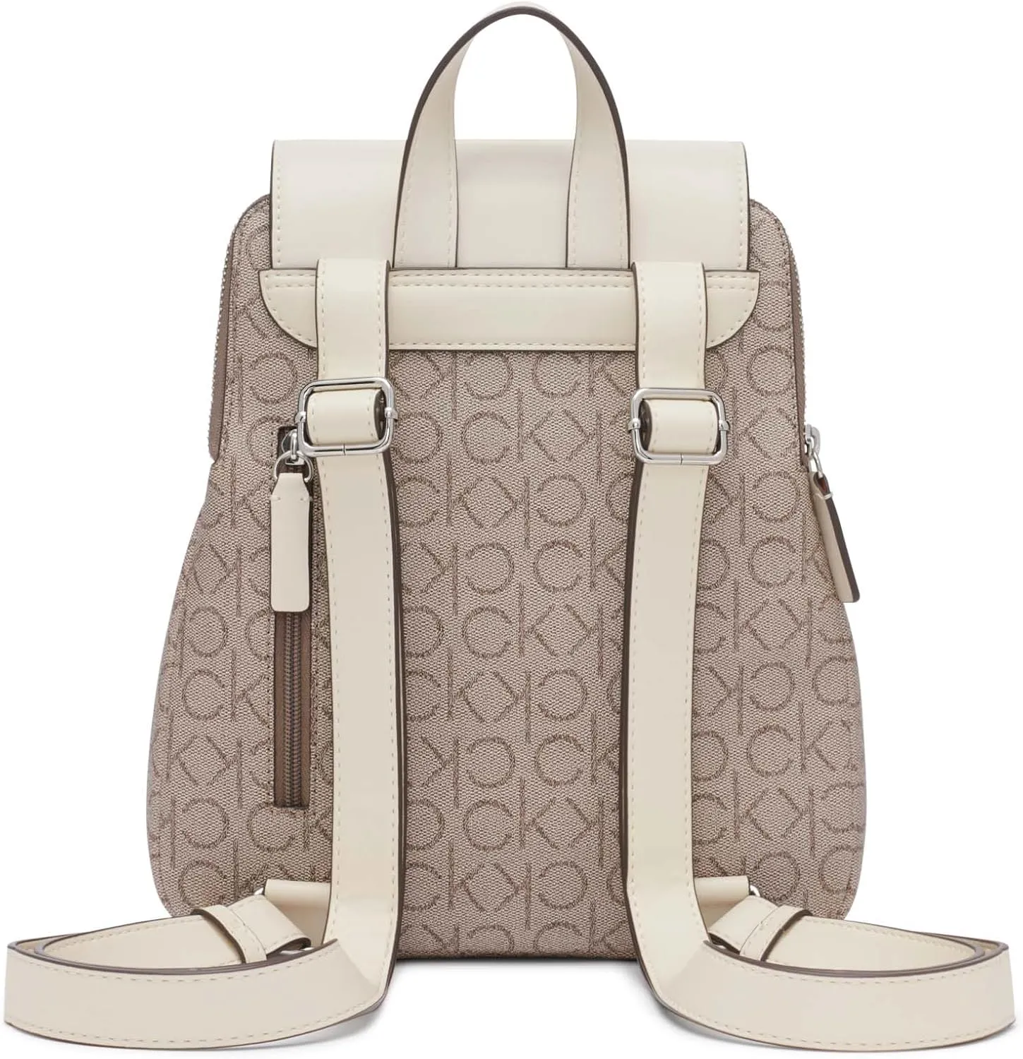 Calvin Klein Reyna Signature Key Item Flap Backpack, Almond/Taupe/White, One Size