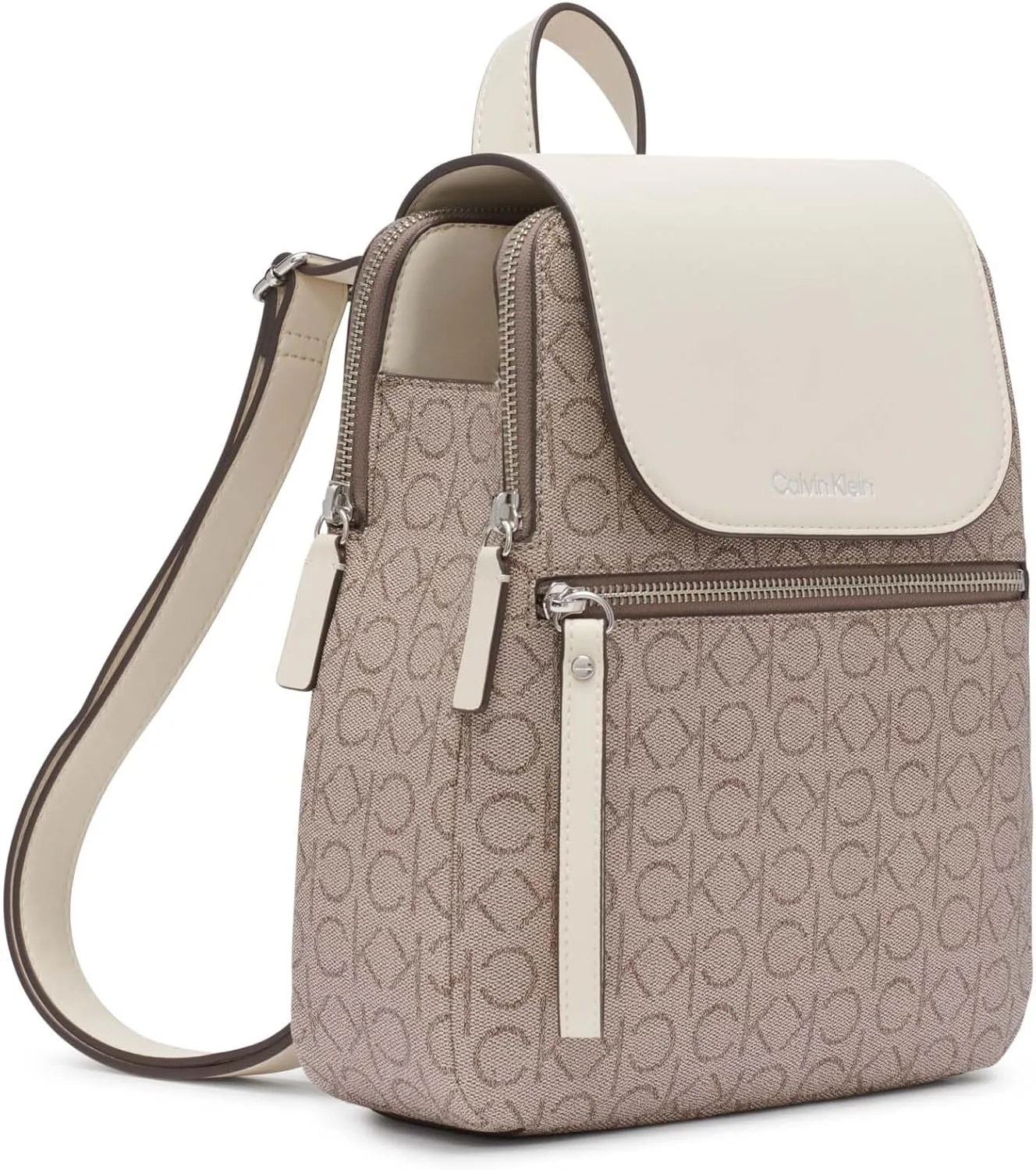 Calvin Klein Reyna Signature Key Item Flap Backpack, Almond/Taupe/White, One Size