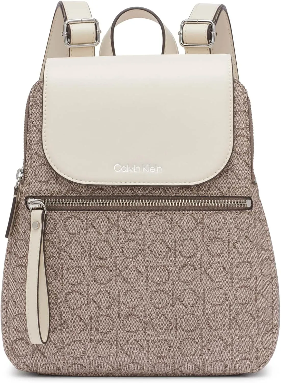 Calvin Klein Reyna Signature Key Item Flap Backpack, Almond/Taupe/White, One Size