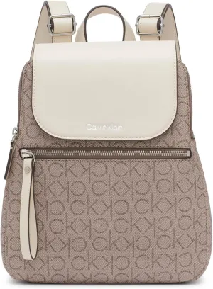 Calvin Klein Reyna Signature Key Item Flap Backpack, Almond/Taupe/White, One Size