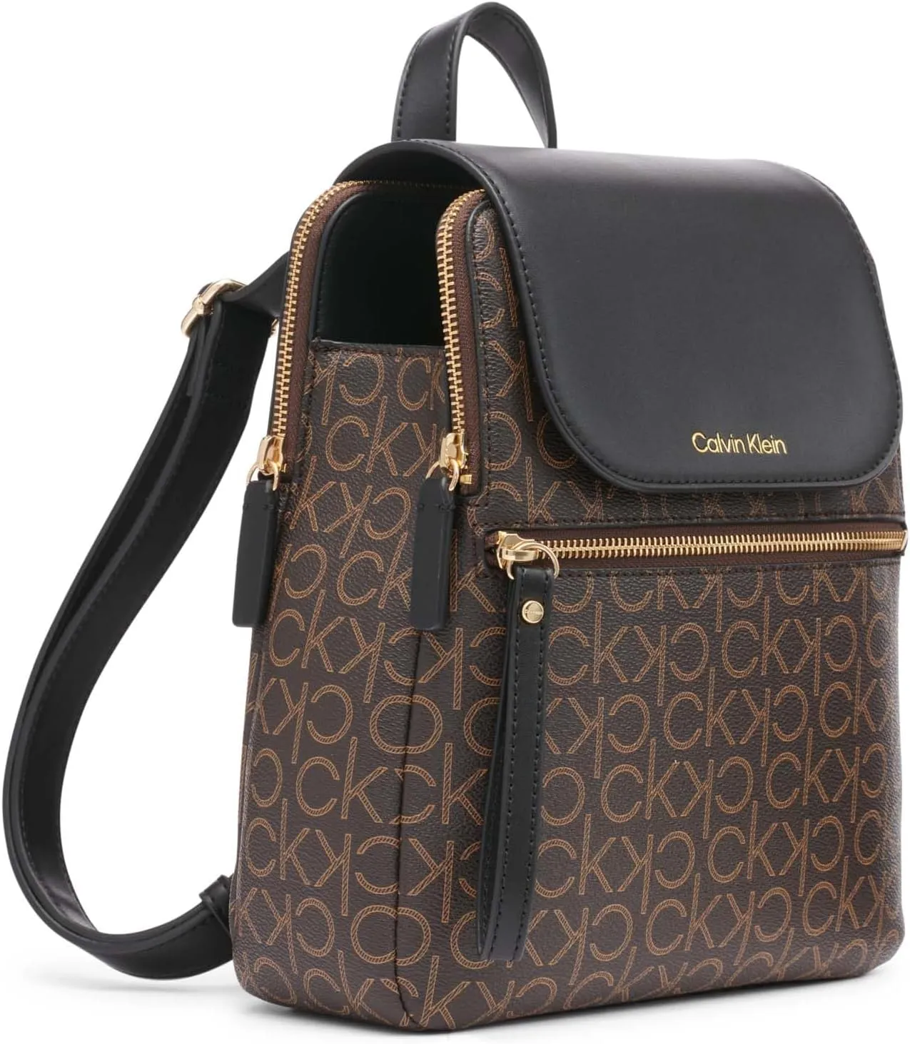 Calvin Klein Reyna Signature Key Item Flap Backpack, Brown/Khaki/Black, One Size