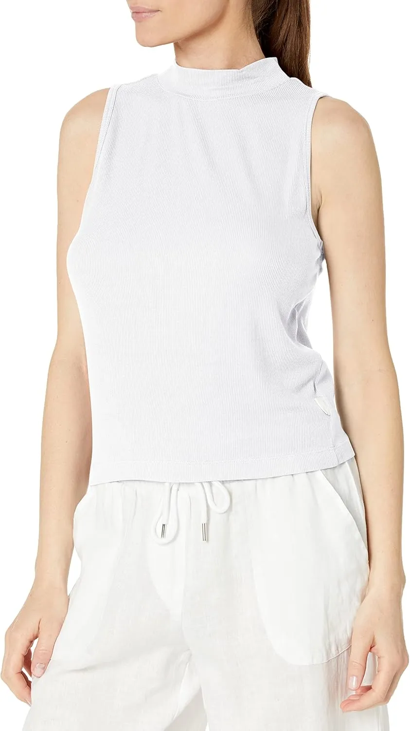 Calvin Klein Women's Everyday Embrodery Monogram Cropped S/S Short Sleeve Mock Neck