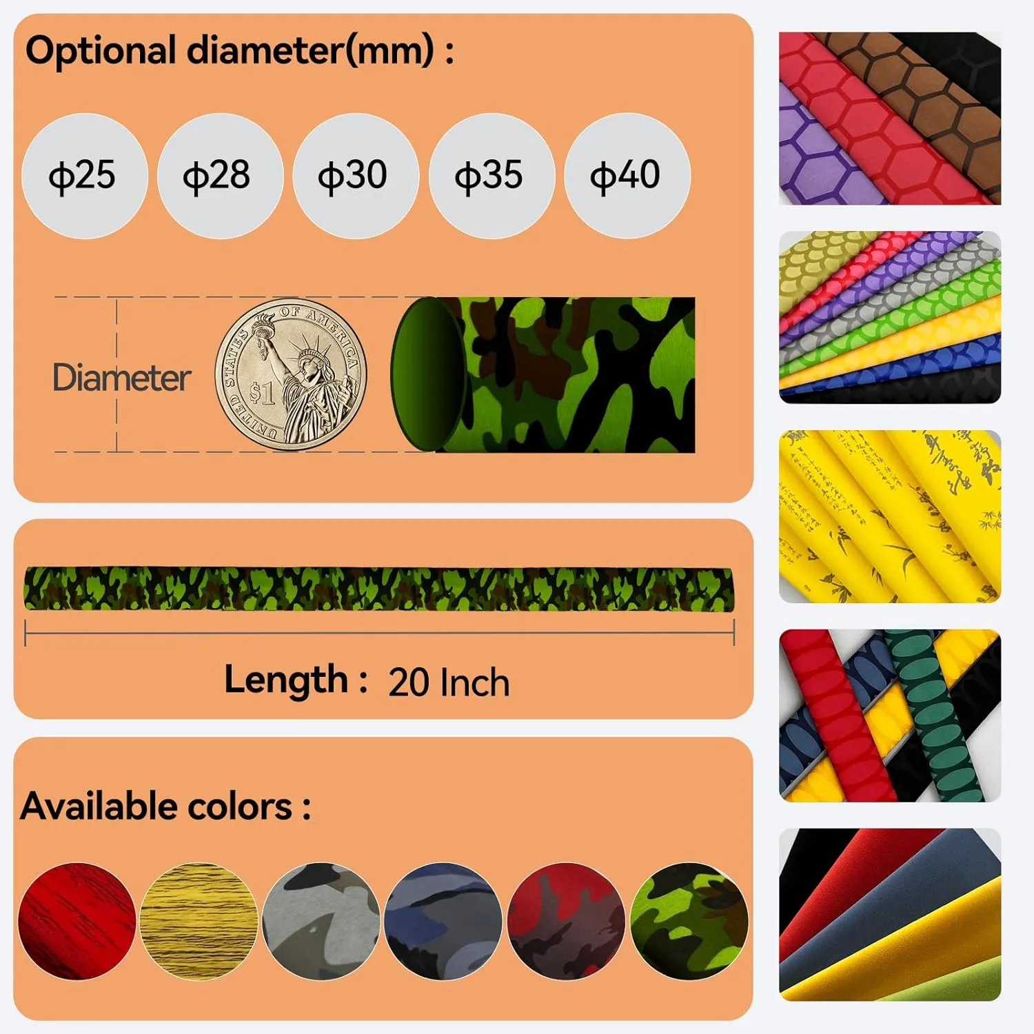 Camo Pattern Heat Shrink for Tennis Rackets & Tool Handles - No Residue, Durable Fit (30mm Diameter, 1.65 ft Length, Gray Camo Color)