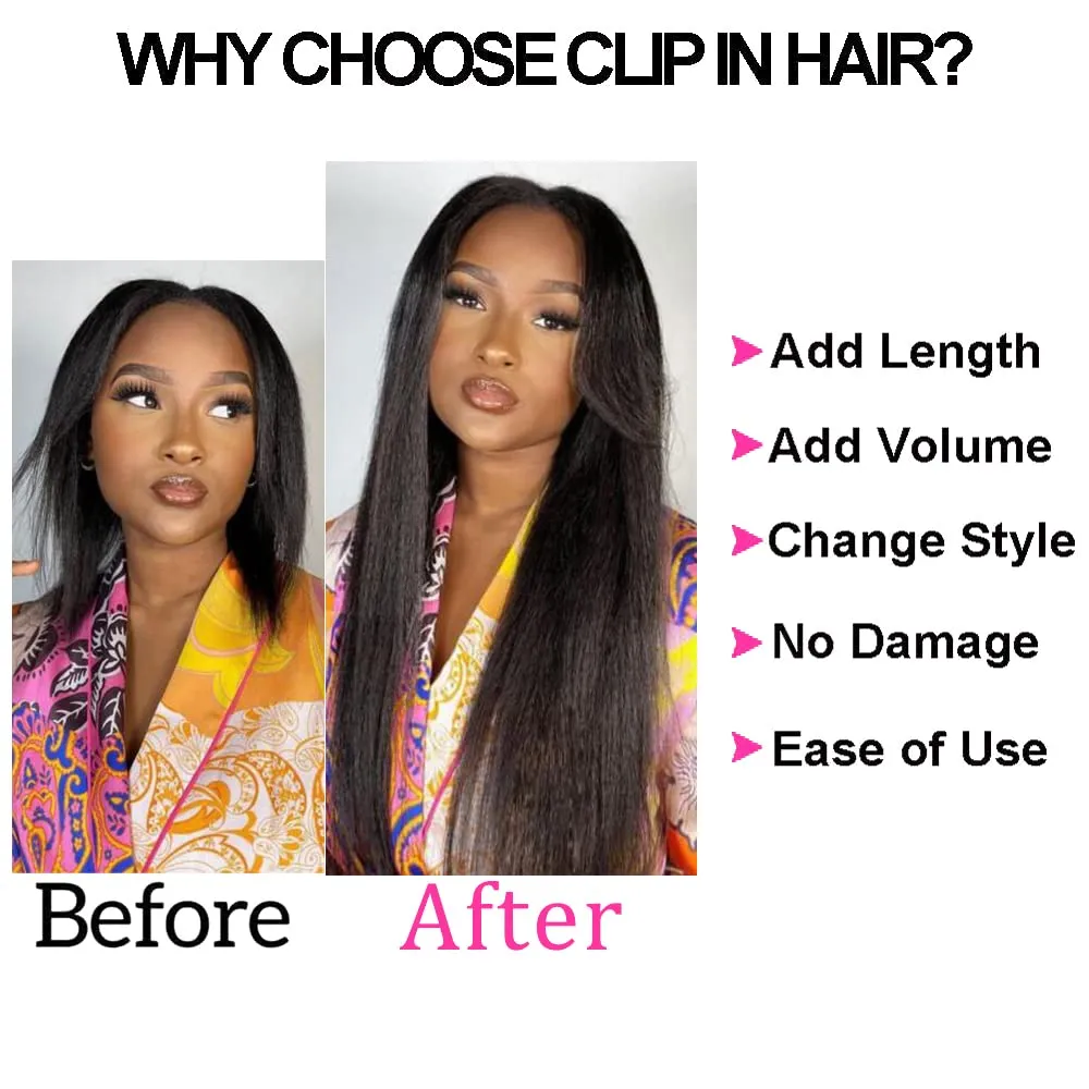CanaryFly Kinky Straight Clip in Hair Extensions for Black Women Full Head Brazilian Virgin Human Hair Natural Black Color,8/Pcs with 18Clips,120 Gram (16inch, Kinky Straight)