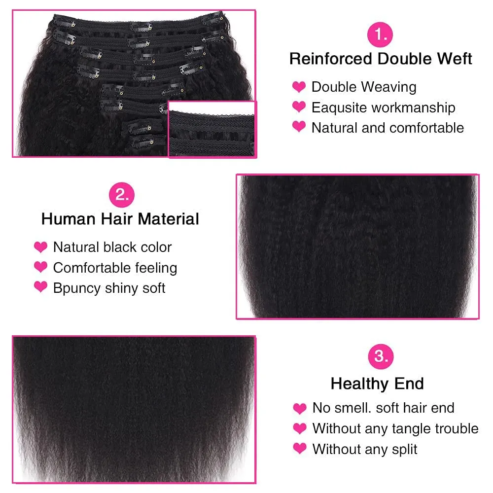 CanaryFly Kinky Straight Clip in Hair Extensions for Black Women Full Head Brazilian Virgin Human Hair Natural Black Color,8/Pcs with 18Clips,120 Gram (16inch, Kinky Straight)