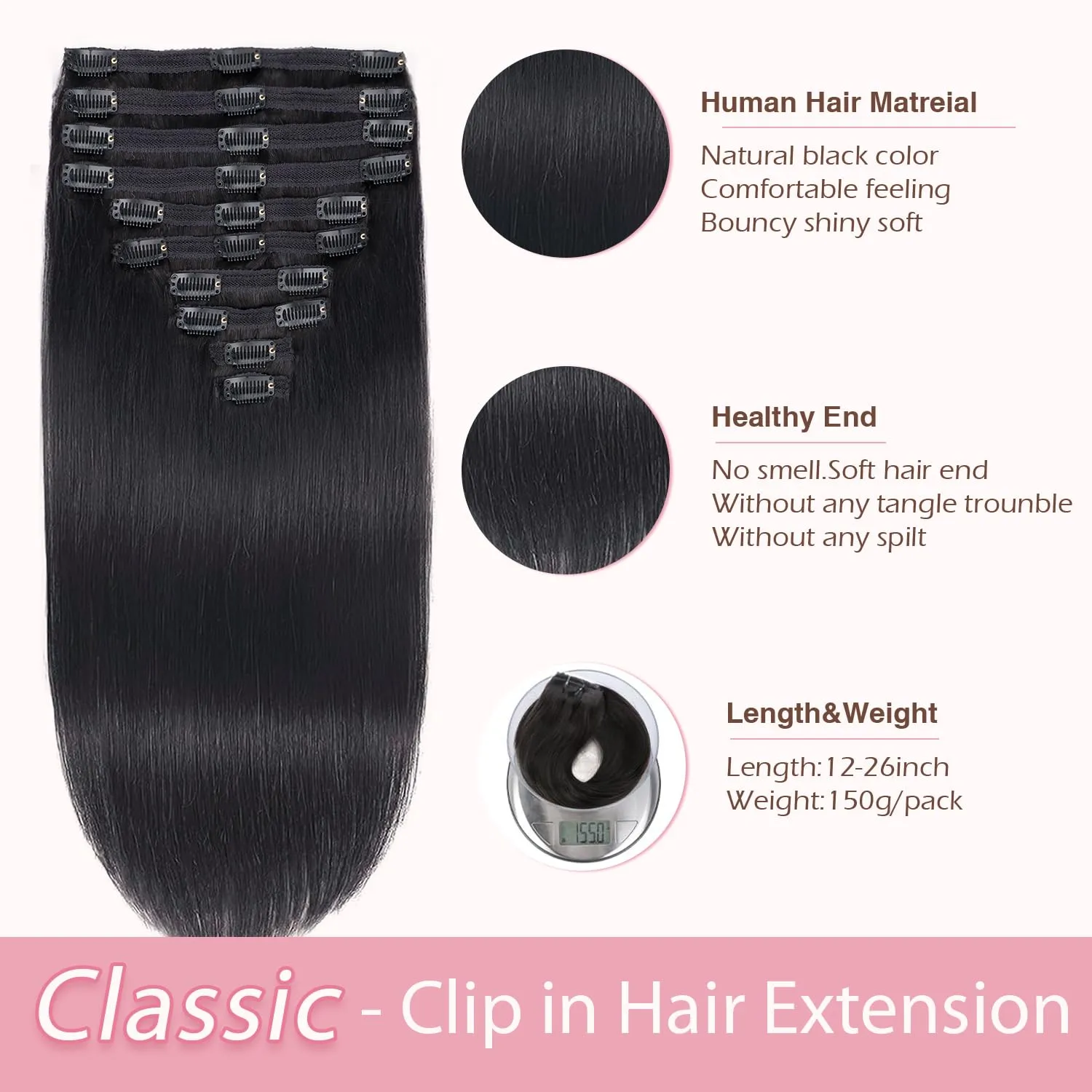CanaryFly Straight Clip in Hair Extensions Real Human Hair,10Pcs 100% Unprocessed Full Head Brazilian Virgin Human Hair Clip ins for Women,Natural Silk Human Hair 150g 16inch #1B Natural Black