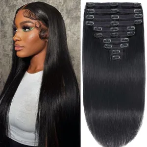 CanaryFly Straight Clip in Hair Extensions Real Human Hair,10Pcs 100% Unprocessed Full Head Brazilian Virgin Human Hair Clip ins for Women,Natural Silk Human Hair 150g 16inch #1B Natural Black