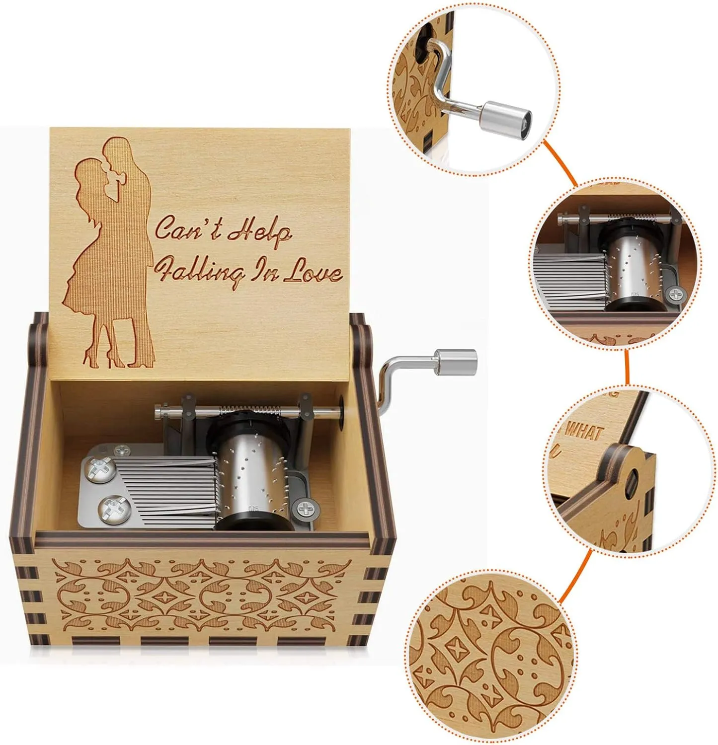 Can't Help Wood Music Box Hand-Operated Antique Engraved Cute Musical Boxes Gift for Love One, Boyfriend, Girlfriend, Husband,Wife Birthday/Wedding Day/Christmas Day Present