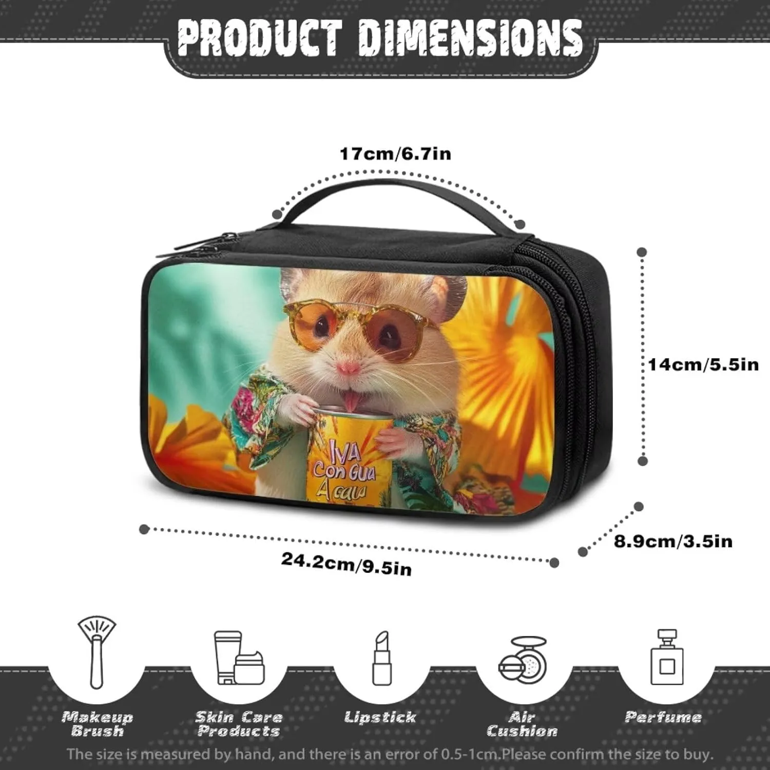 Capybara Makeup Bag for Purses 9.5x3.5x5.5 Inch Compact Cosmetric Cases Organizer with Mesh Compartments Top Handle Zippered Make up Bags