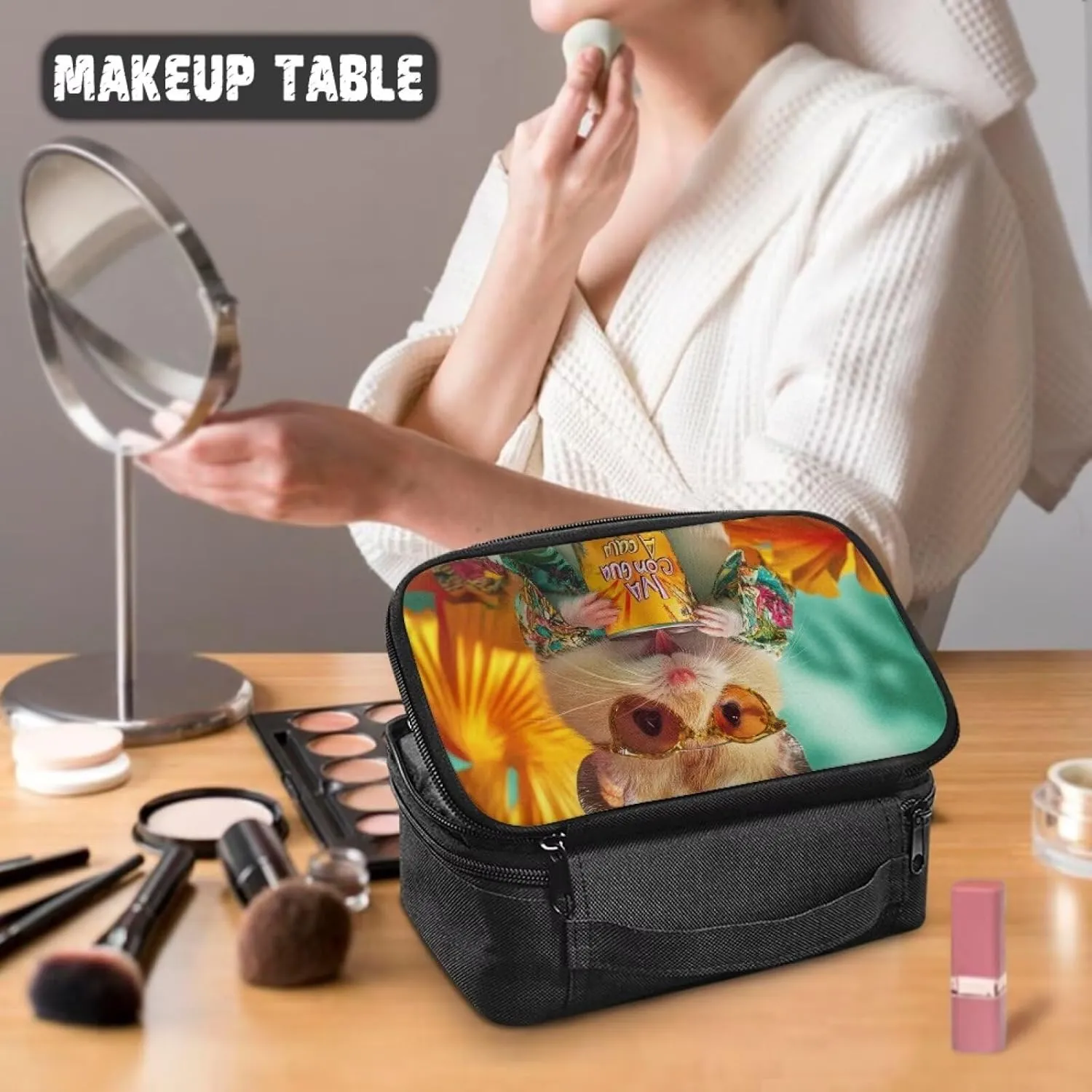 Capybara Makeup Bag for Purses 9.5x3.5x5.5 Inch Compact Cosmetric Cases Organizer with Mesh Compartments Top Handle Zippered Make up Bags