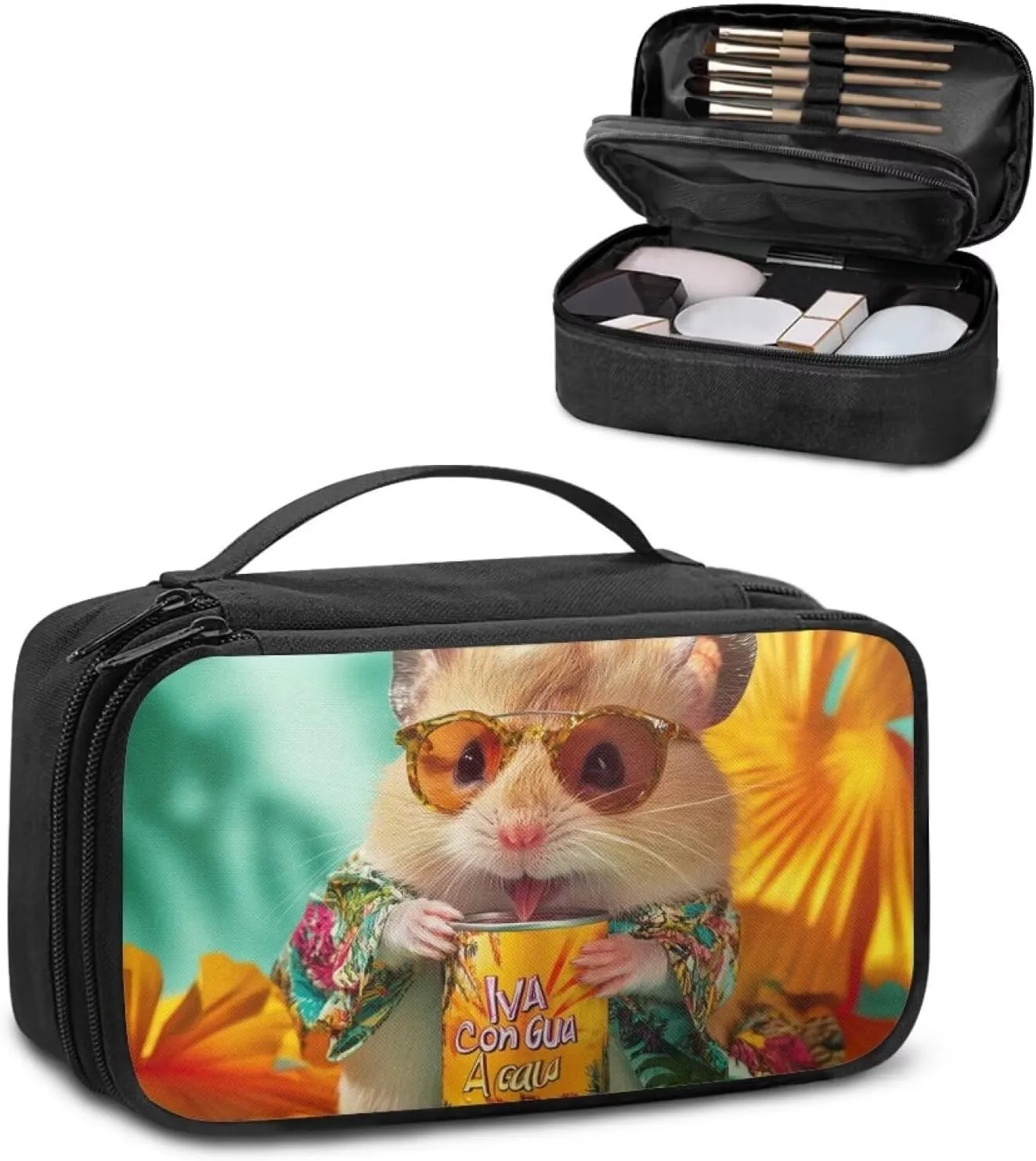 Capybara Makeup Bag for Purses 9.5x3.5x5.5 Inch Compact Cosmetric Cases Organizer with Mesh Compartments Top Handle Zippered Make up Bags