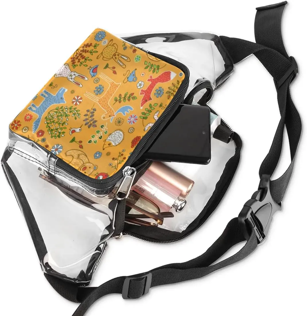 Cartoon Animals Birds Plants Yellow Background Clear Fanny Pack Stadium Approved Clear Crossbody Belt Bag for Women Men Transparent Waist Bag with Adjustable Strap for Concerts Sports Events Travel