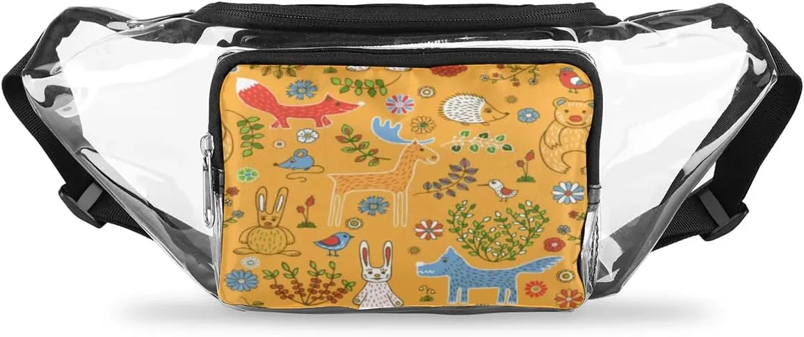 Cartoon Animals Birds Plants Yellow Background Clear Fanny Pack Stadium Approved Clear Crossbody Belt Bag for Women Men Transparent Waist Bag with Adjustable Strap for Concerts Sports Events Travel