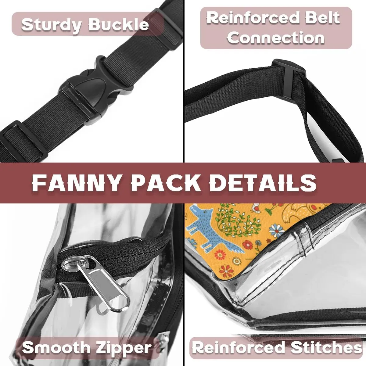 Cartoon Animals Birds Plants Yellow Background Clear Fanny Pack Stadium Approved Clear Crossbody Belt Bag for Women Men Transparent Waist Bag with Adjustable Strap for Concerts Sports Events Travel