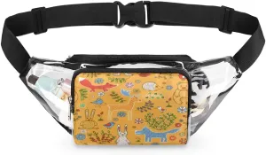 Cartoon Animals Birds Plants Yellow Background Clear Fanny Pack Stadium Approved Clear Crossbody Belt Bag for Women Men Transparent Waist Bag with Adjustable Strap for Concerts Sports Events Travel