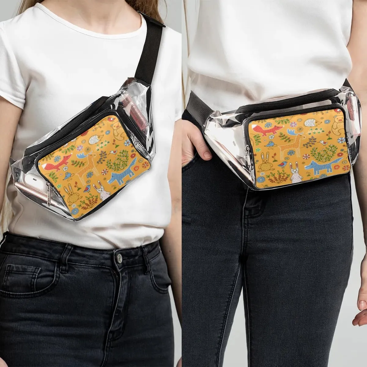 Cartoon Animals Birds Plants Yellow Background Clear Fanny Pack Stadium Approved Clear Crossbody Belt Bag for Women Men Transparent Waist Bag with Adjustable Strap for Concerts Sports Events Travel