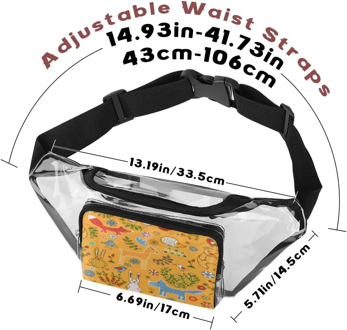 Cartoon Animals Birds Plants Yellow Background Clear Fanny Pack Stadium Approved Clear Crossbody Belt Bag for Women Men Transparent Waist Bag with Adjustable Strap for Concerts Sports Events Travel