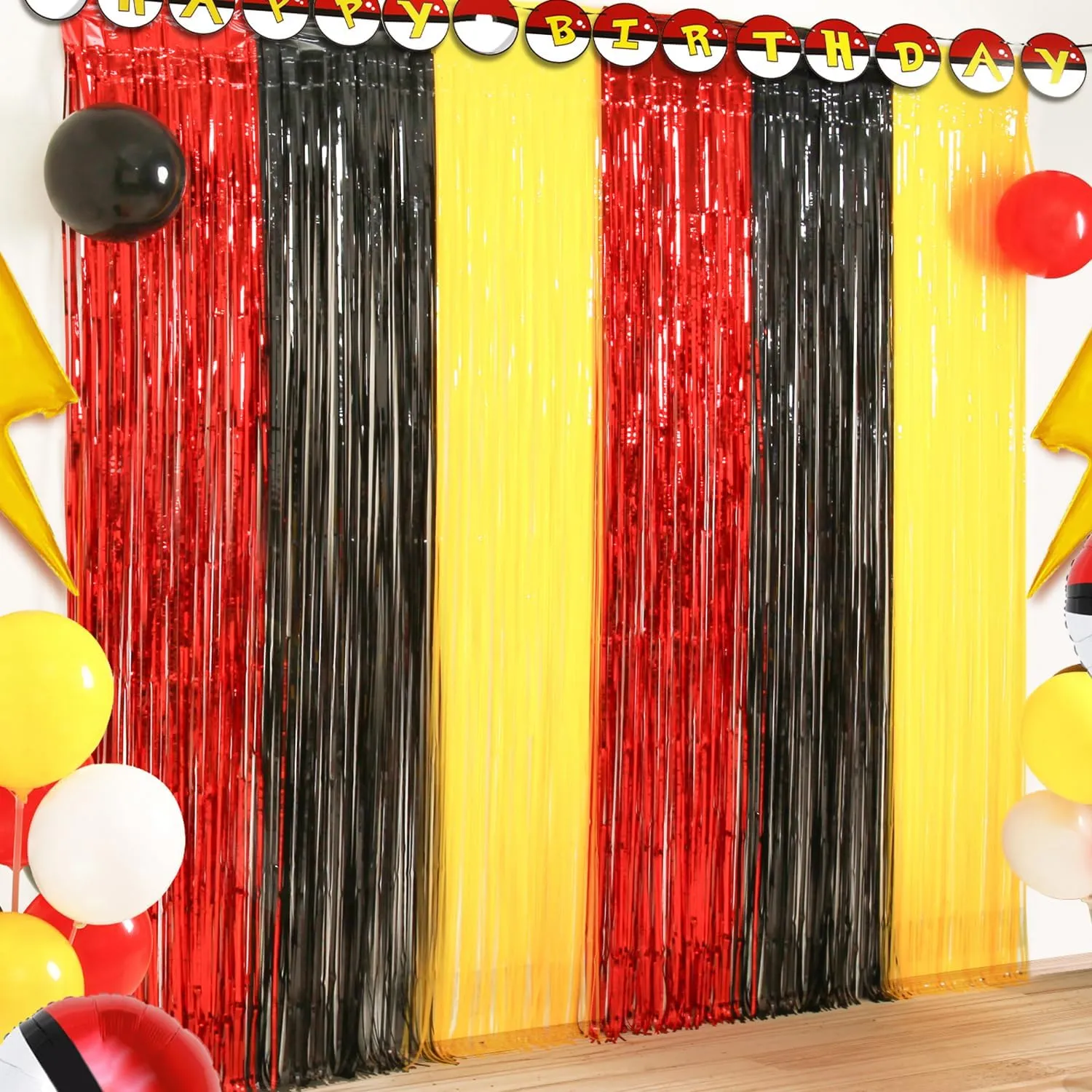 Cartoon Monster Birthday Party Decoration, 2 Pack Animation Themed Photo Booth Prop, Red Black Yellow Foil Fringe Curtains Tinsel Photo Streamers Backdrop for Cartoon Birthday Party Supplies