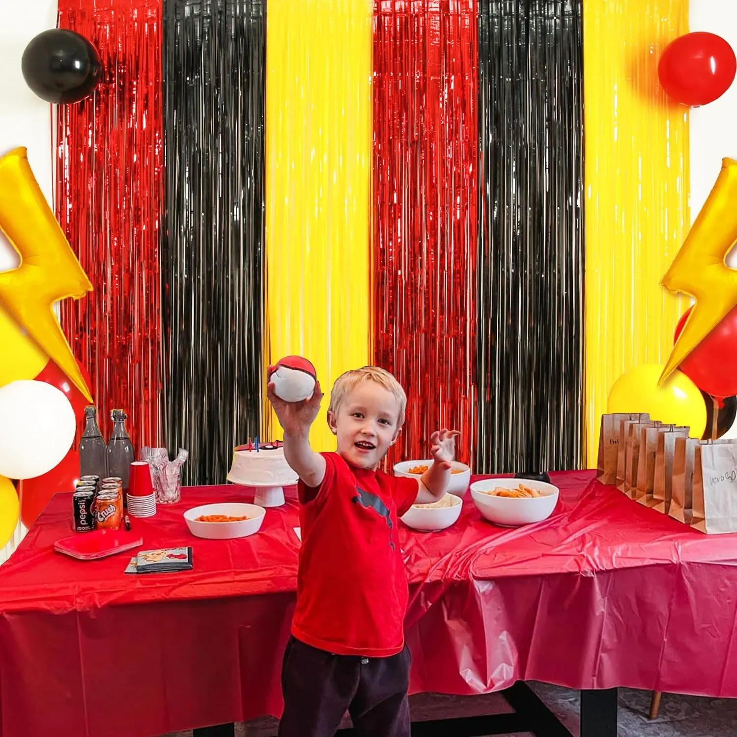 Cartoon Monster Birthday Party Decoration, 2 Pack Animation Themed Photo Booth Prop, Red Black Yellow Foil Fringe Curtains Tinsel Photo Streamers Backdrop for Cartoon Birthday Party Supplies