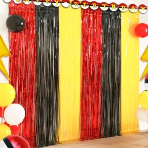 Cartoon Monster Birthday Party Decoration, 2 Pack Animation Themed Photo Booth Prop, Red Black Yellow Foil Fringe Curtains Tinsel Photo Streamers Backdrop for Cartoon Birthday Party Supplies