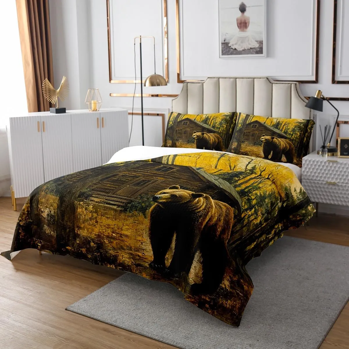 Castle Fairy 3D Brown Bear Bedspread Twin Size 2 Pcs,Jungle Cabin Wooden Farmhouse Bedding Sets for Kids Teens Adults,Wild Animals Oil Painting Style Trees Coverlet Set with 1 Pillowcase